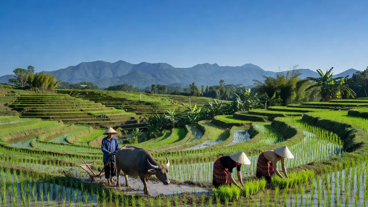 Cảnh quang huyện Chư Păh, Gia Lai với ruộng bậc thang xanh mướt và bầu trời trong xanh.
