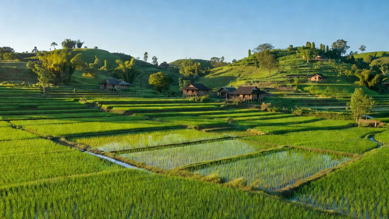 Cảnh đẹp huyện Chư Pưh, tỉnh Gia Lai với ruộng bậc thang và nhà sàn truyền thống.