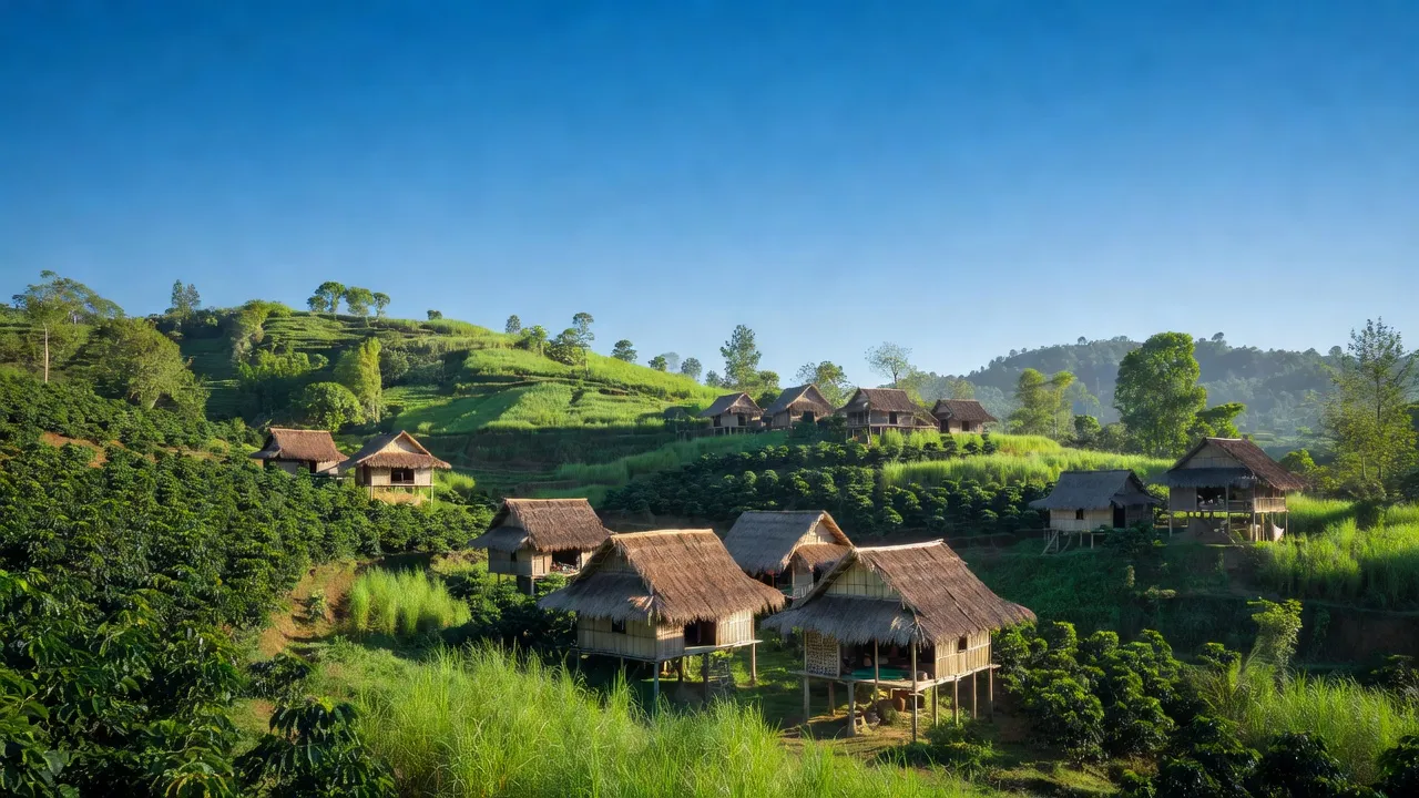 Khung cảnh huyện Chư Sê, Gia Lai với đồi xanh, nhà sàn và bầu trời trong xanh.