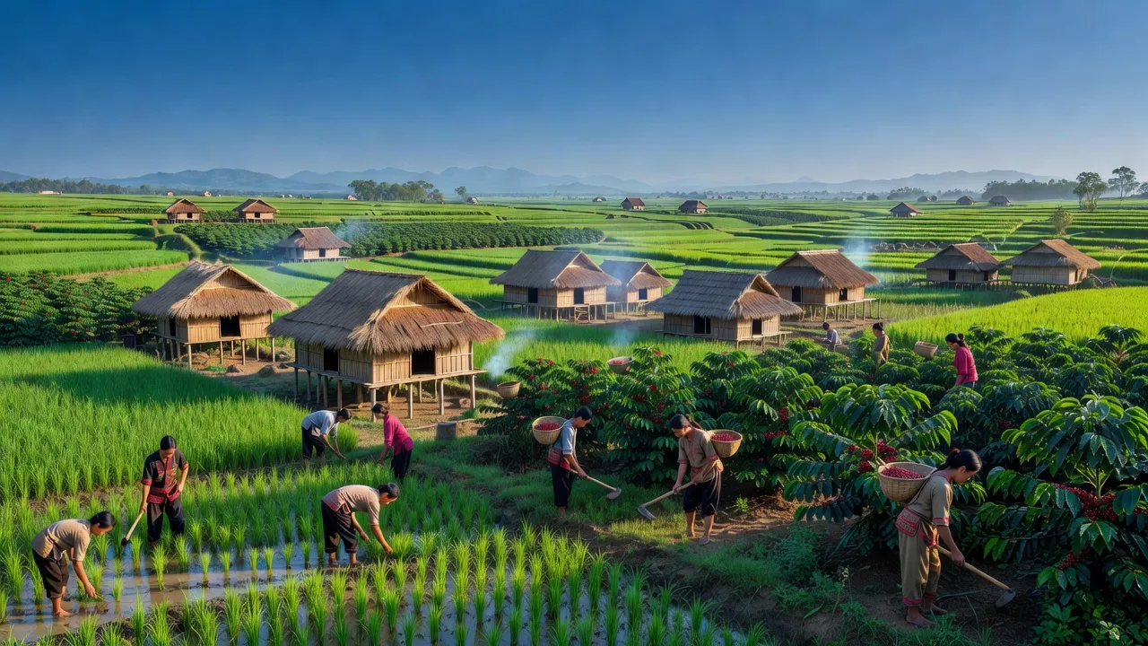 Khung cảnh huyện Chư Sê, Gia Lai với những cánh đồng xanh tươi và các ngôi nhà truyền thống.
