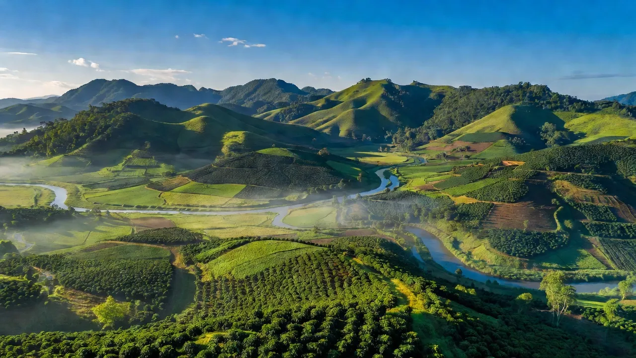 Cảnh quan huyện Đăk Đoa, Gia Lai với những cánh đồng xanh tươi và đồi núi trù phú.