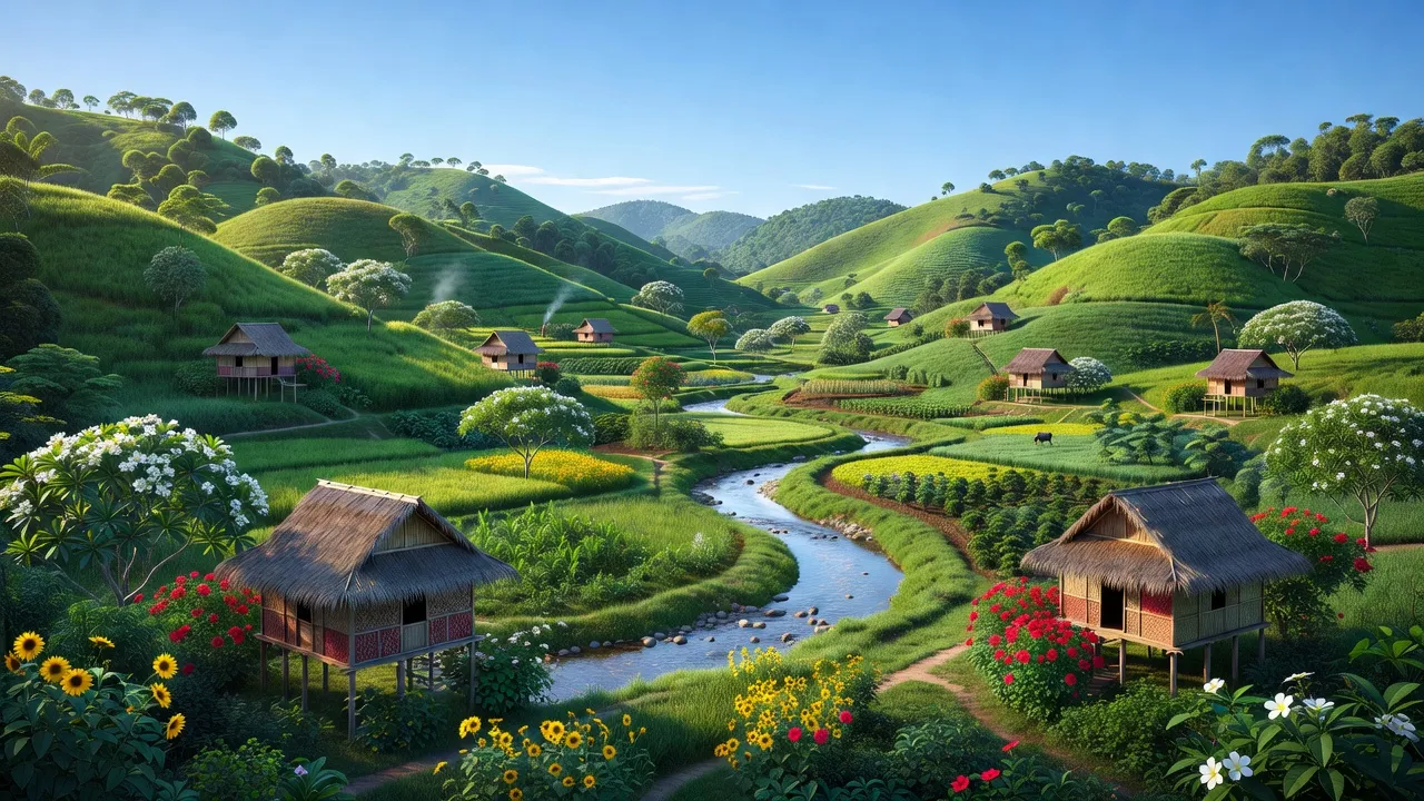 Cảnh sắc huyện Đăk Đoa, Gia Lai với đồi núi xanh, ruộng đồng và sông suối, thể hiện cuộc sống nông thôn.