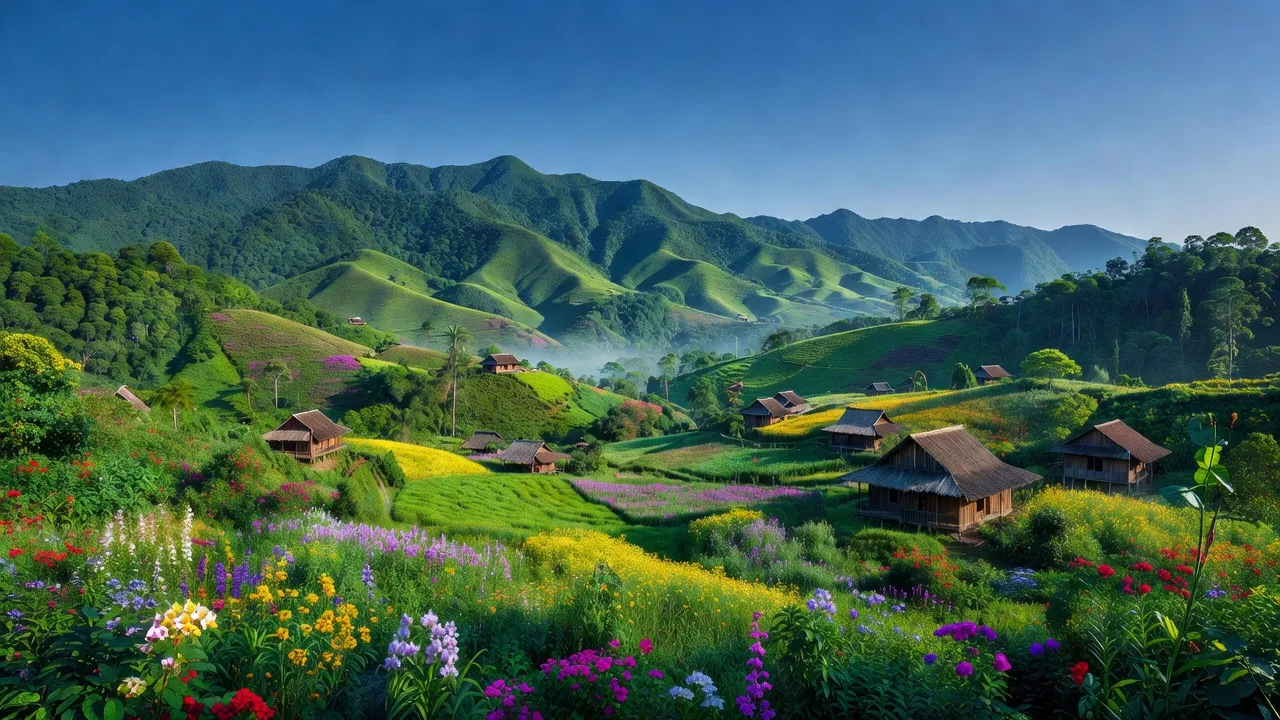 Cảnh quan huyện Đăk Pơ, Gia Lai với núi rừng xanh tươi và bầu trời trong xanh.