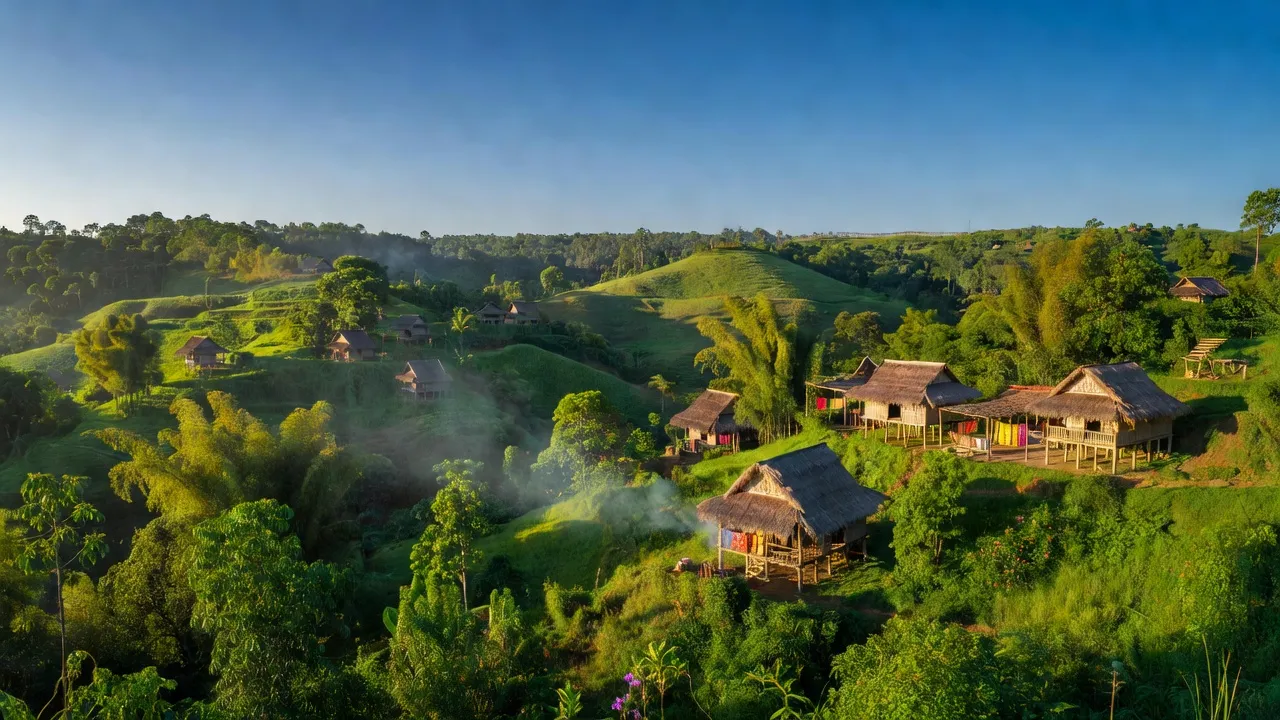 Cảnh quan huyện Đức Cơ, tỉnh Gia Lai với thiên nhiên xanh tươi và làng quê đặc trưng.