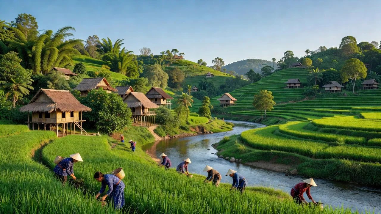 Khung cảnh huyện Đức Cơ, Gia Lai với núi rừng xanh, nhà truyền thống và dòng sông yên bình.