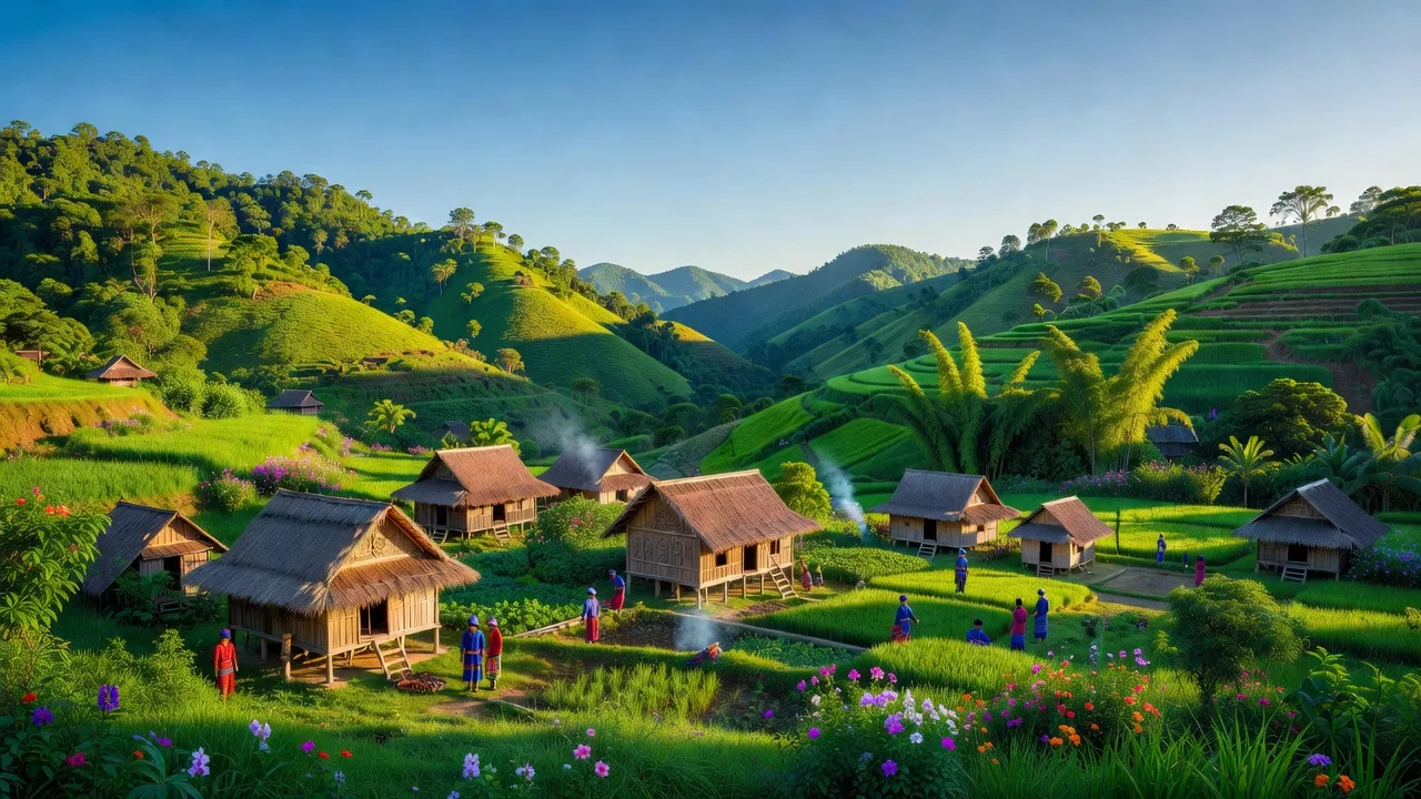 Cảnh quan huyện Ia Grai, tỉnh Gia Lai với cao nguyên xanh, thung lũng và cuộc sống làng quê truyền thống.