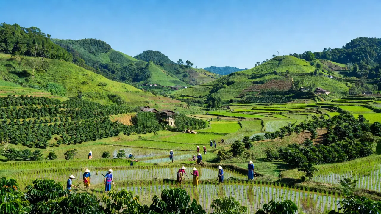 Khung cảnh huyện Ia Grai, Gia Lai với cao nguyên xanh và thung lũng tươi tốt, thể hiện vẻ đẹp tự nhiên.