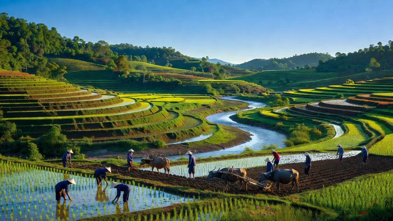 Khung cảnh huyện Ia Pa, Gia Lai với đồng xanh, sông suối và hoạt động nông nghiệp truyền thống.