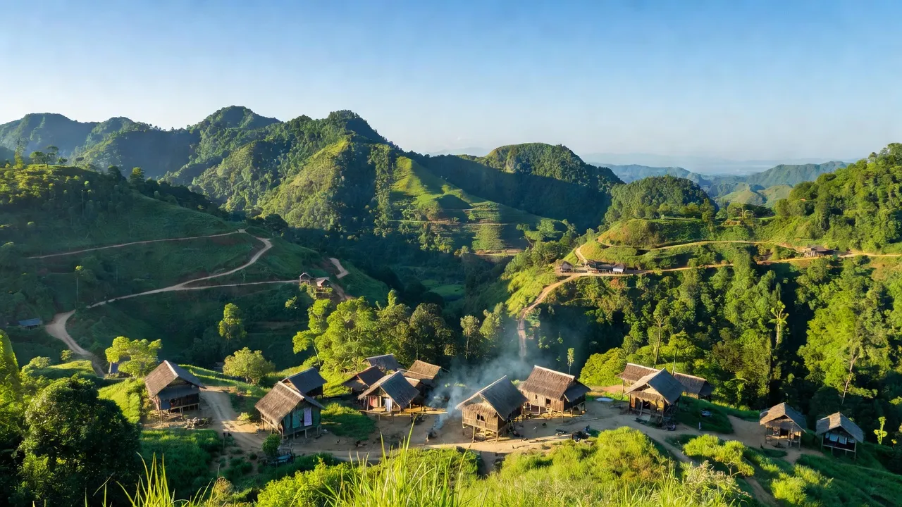 Huyện KBang in Gia Lai, showcasing lush mountains and traditional villages in a vibrant highland landscape.