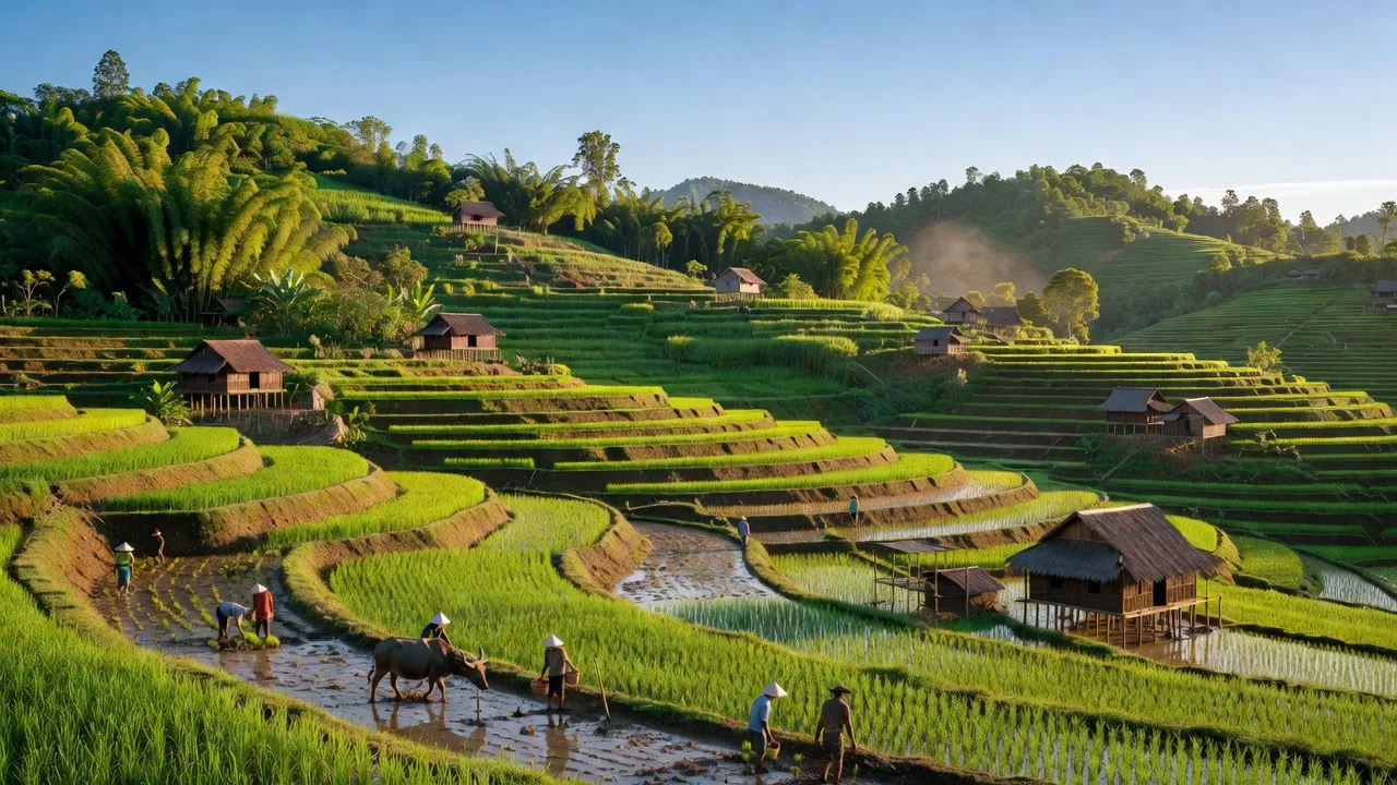 Cảnh quan huyện Kông Chro, Gia Lai với đồng ruộng xanh và nhà truyền thống, đẹp và yên bình.