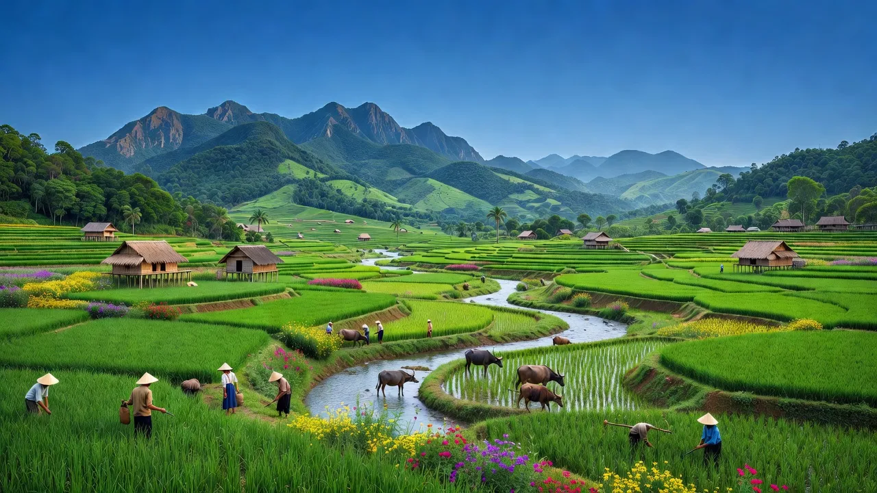 Cảnh quan huyện Kông Chro tỉnh Gia Lai với địa hình núi non và ruộng đồng xanh tươi.