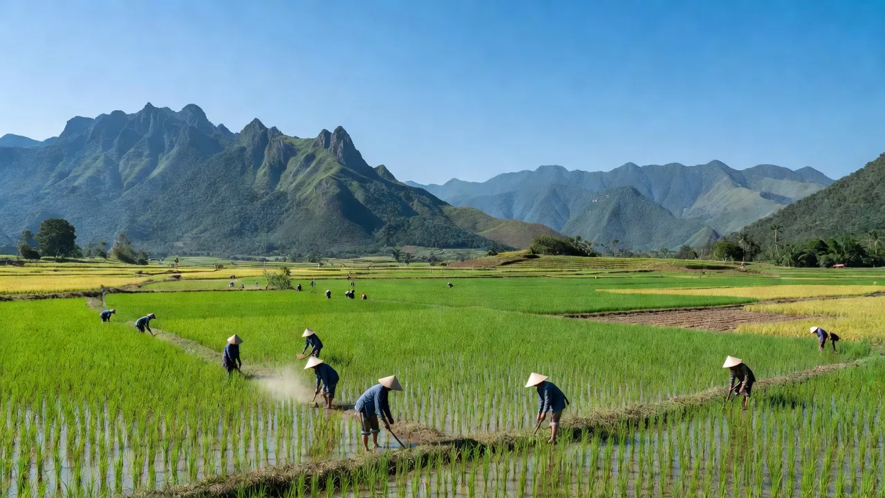 Khung cảnh huyện Krông Pa, Gia Lai với cánh đồng xanh, núi non và hoạt động nông nghiệp sôi động.