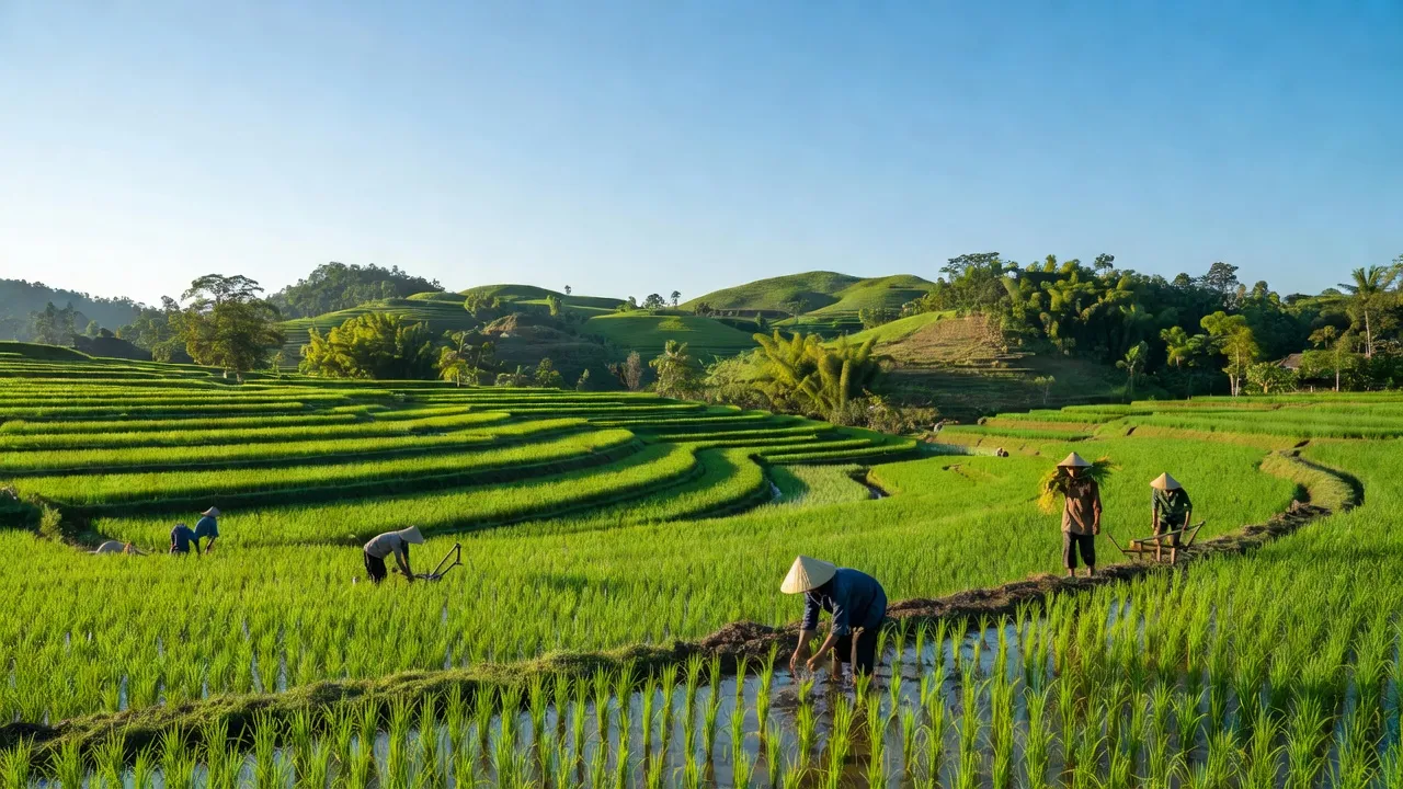 Khung cảnh huyện Krông Pa, tỉnh Gia Lai với cánh đồng lúa xanh và người nông dân làm việc.