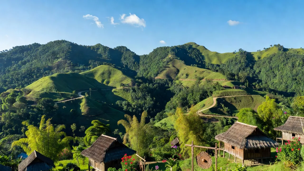 Huyện Mang Yang, Gia Lai với đồi núi xanh tươi và những con đường uốn lượn dưới bầu trời trong xanh.