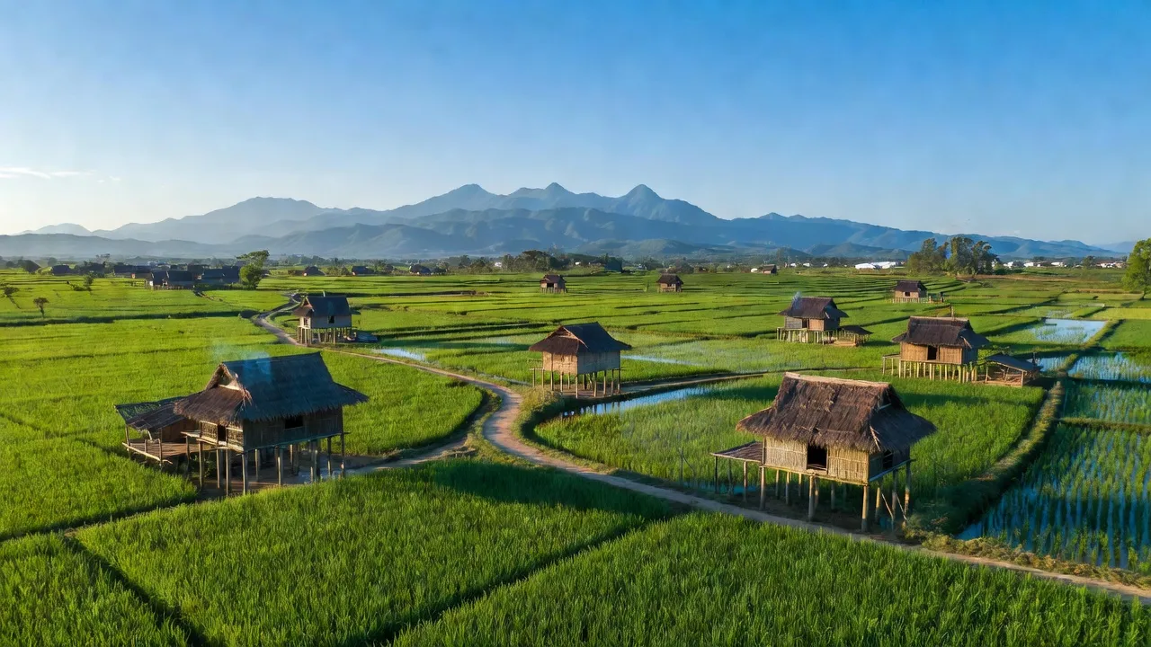 Quang cảnh huyện Phú Thiện, Gia Lai với cánh đồng lúa xanh tươi và nhà sàn truyền thống.