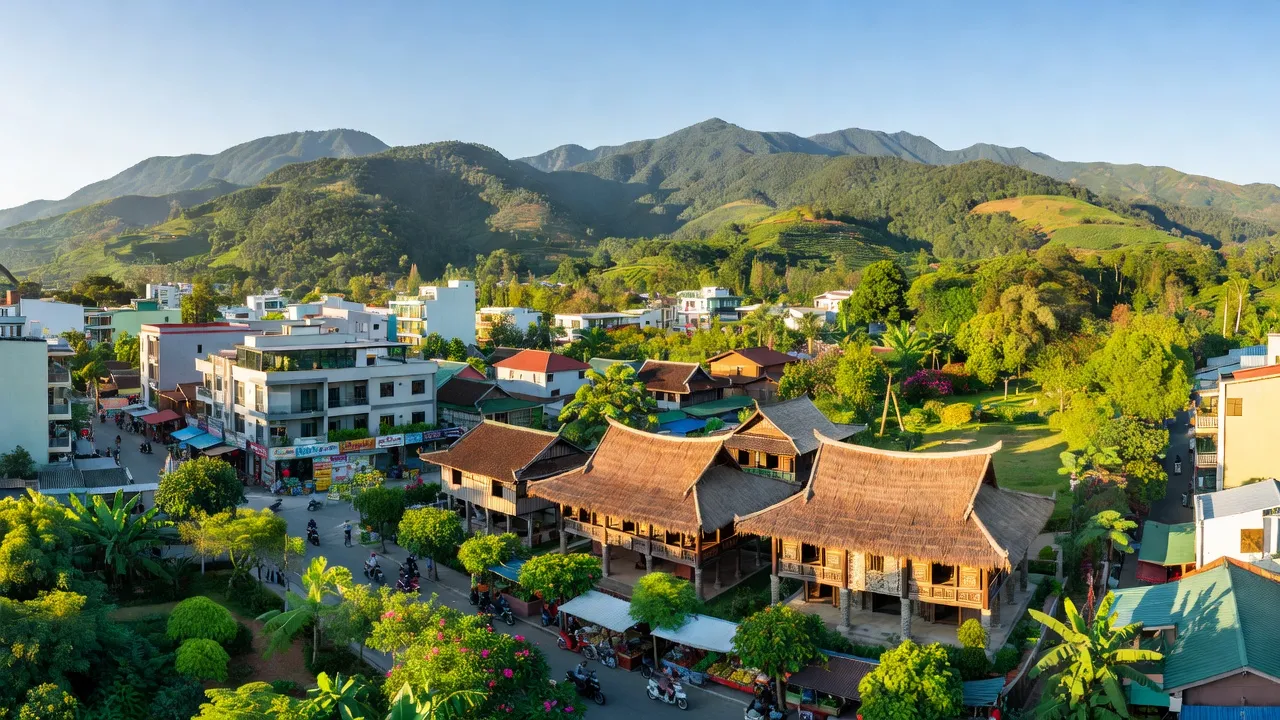Khung cảnh thành phố Pleiku, Gia Lai với kiến trúc truyền thống và cảnh quan thiên nhiên đẹp.