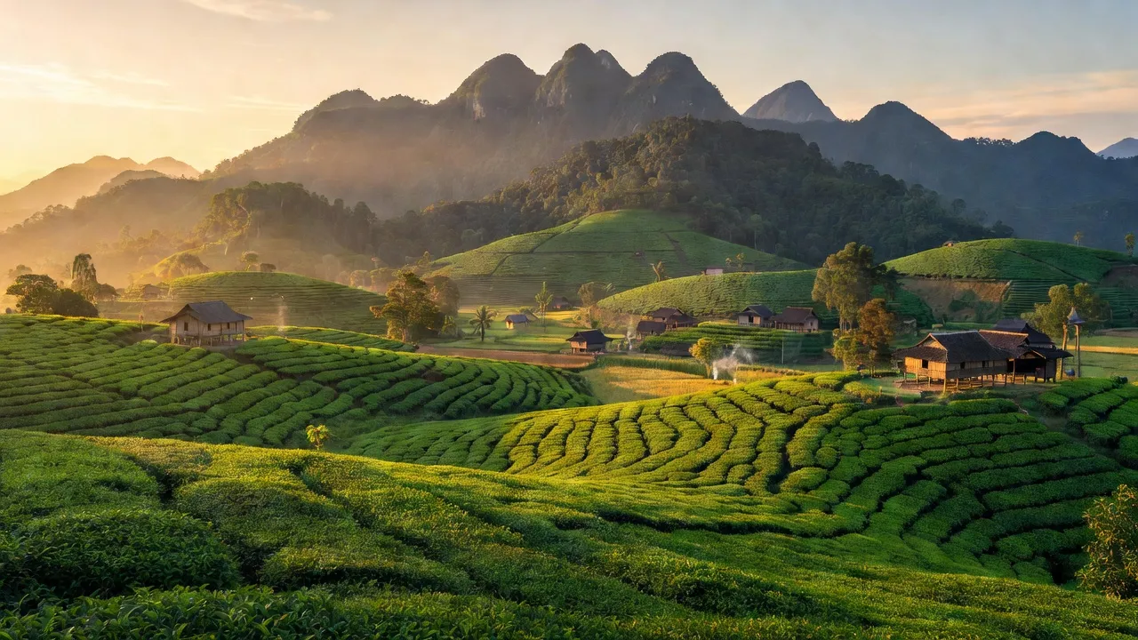 Cảnh đẹp tỉnh Gia Lai với đồi chè, rừng núi và ánh sáng chiều, thể hiện vẻ đẹp Tây Nguyên.