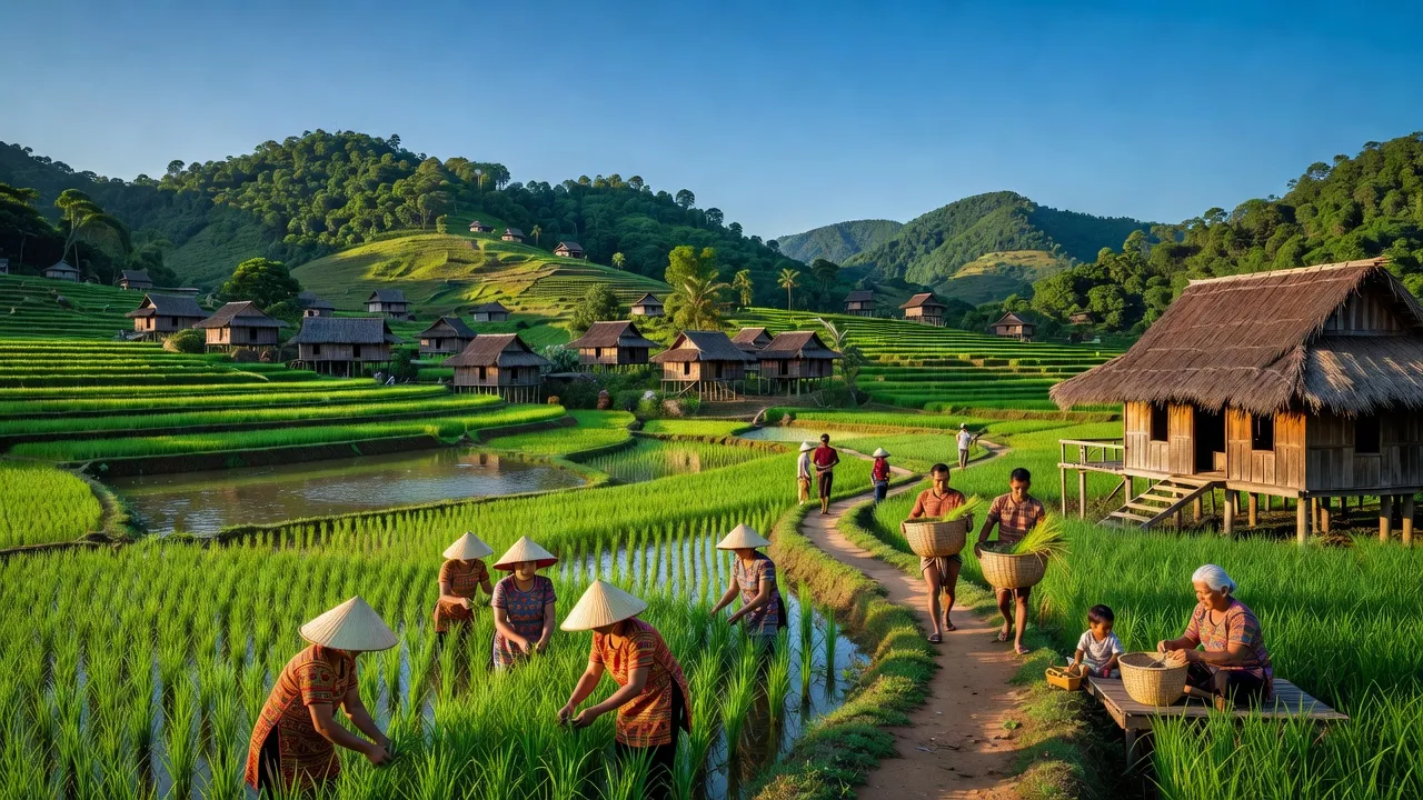 Khung cảnh tỉnh Gia Lai, núi đồi xanh tươi, nhà gỗ truyền thống và cánh đồng lúa.