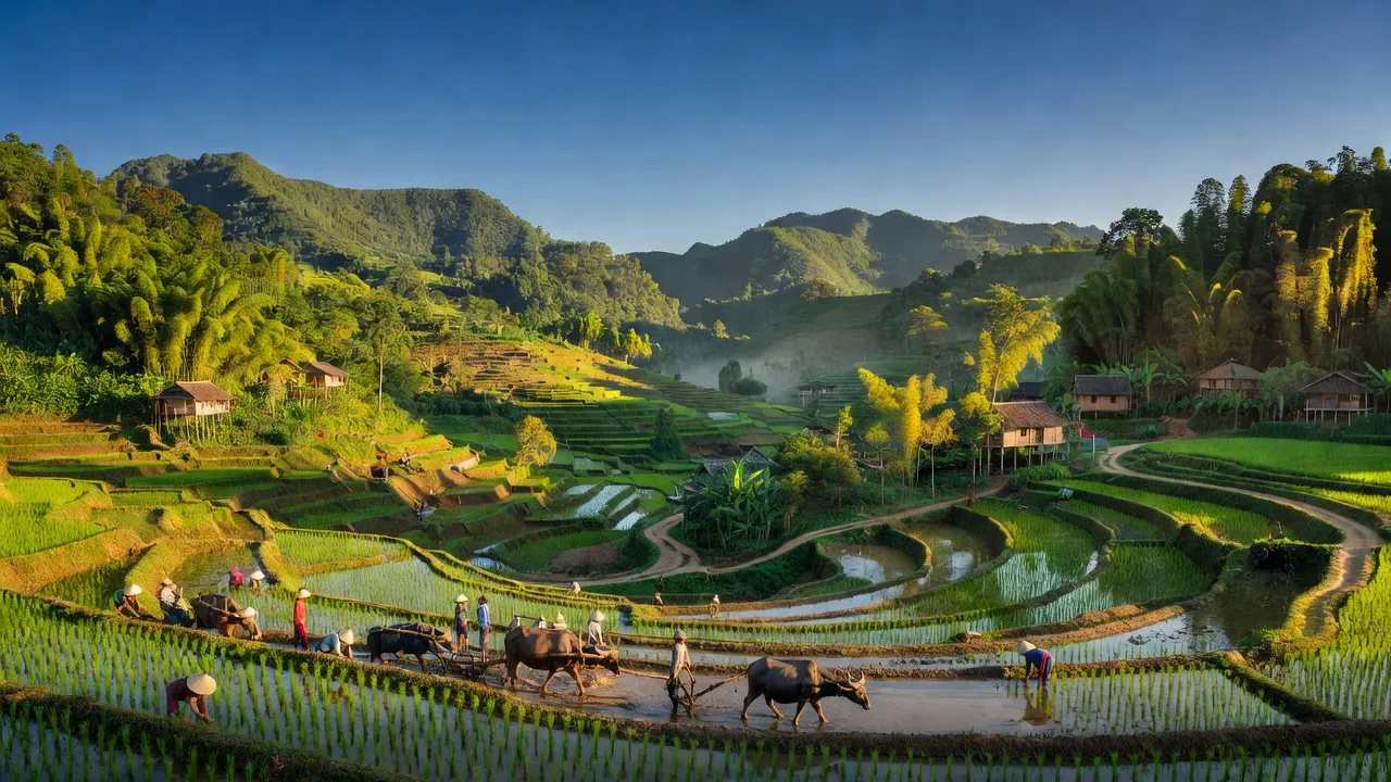 Khung cảnh huyện Bắc Mê, Hà Giang với núi xanh và thung lũng trù phú, hoạt động nông nghiệp địa phương.