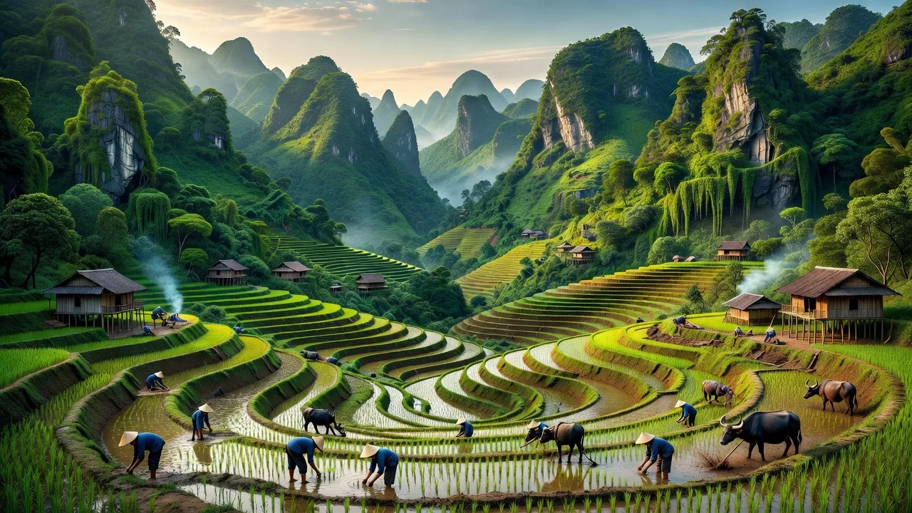 Khung cảnh tuyệt đẹp huyện Bắc Mê, Hà Giang với núi non xanh tươi và nền nông nghiệp truyền thống.
