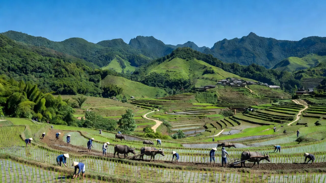 Khung cảnh Xã Đường Hồng, Bắc Mê, Hà Giang với đồi núi xanh mát, hoạt động nông nghiệp truyền thống.