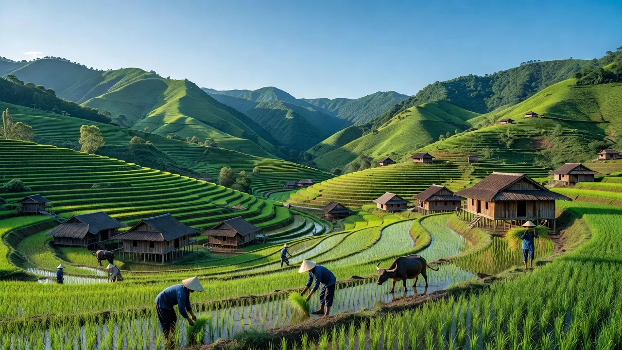 Khung cảnh đẹp của xã Minh Ngọc, huyện Bắc Mê, Hà Giang với đồi núi và ruộng bậc thang.