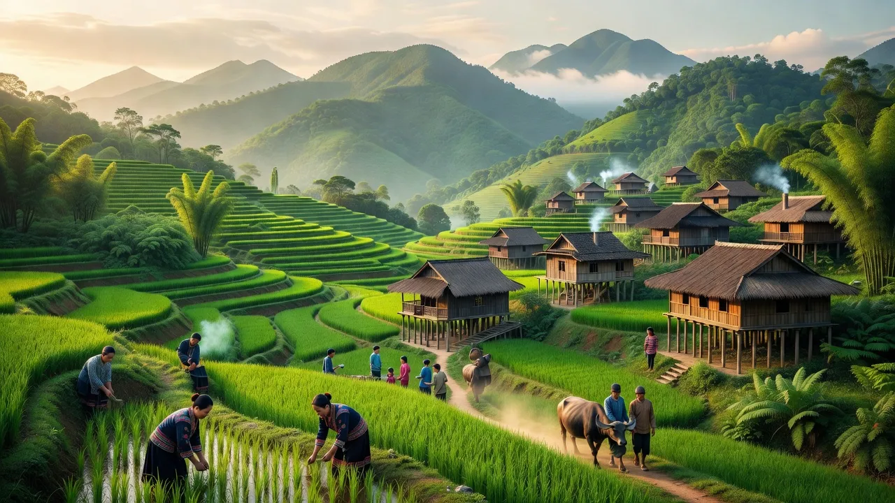 Khung cảnh thiên nhiên Xã Minh Sơn, Huyện Bắc Mê, tỉnh Hà Giang với núi non và nhà truyền thống.