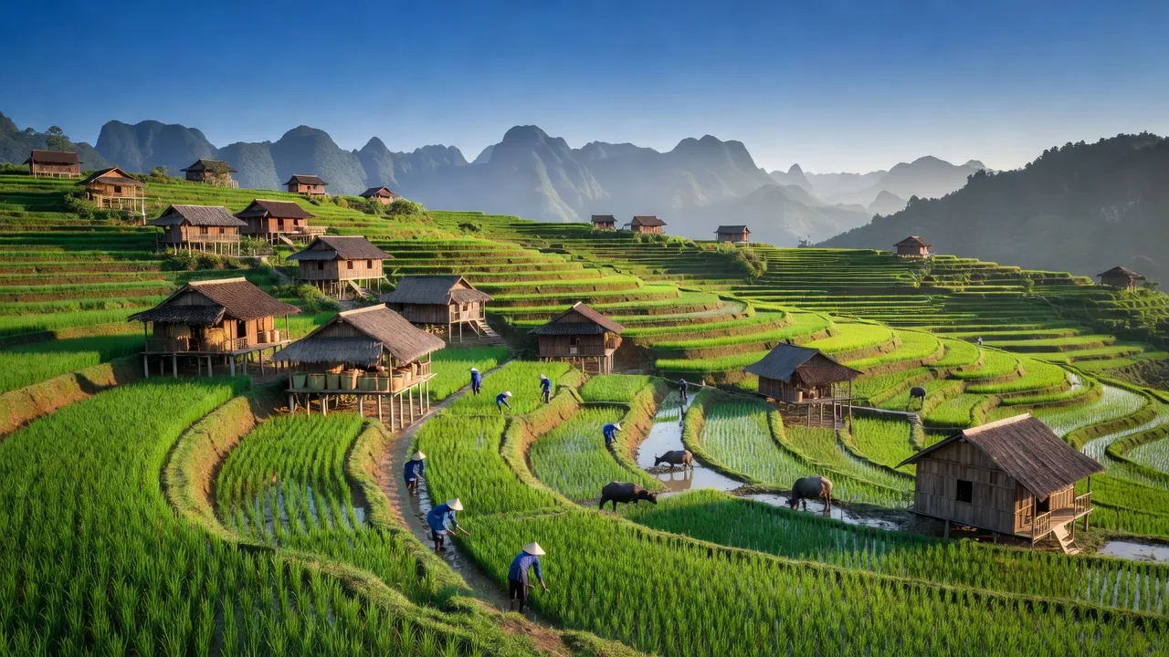 Cảnh đẹp của xã Phiêng Luông, huyện Bắc Mê, tỉnh Hà Giang với ruộng bậc thang và nhà truyền thống.