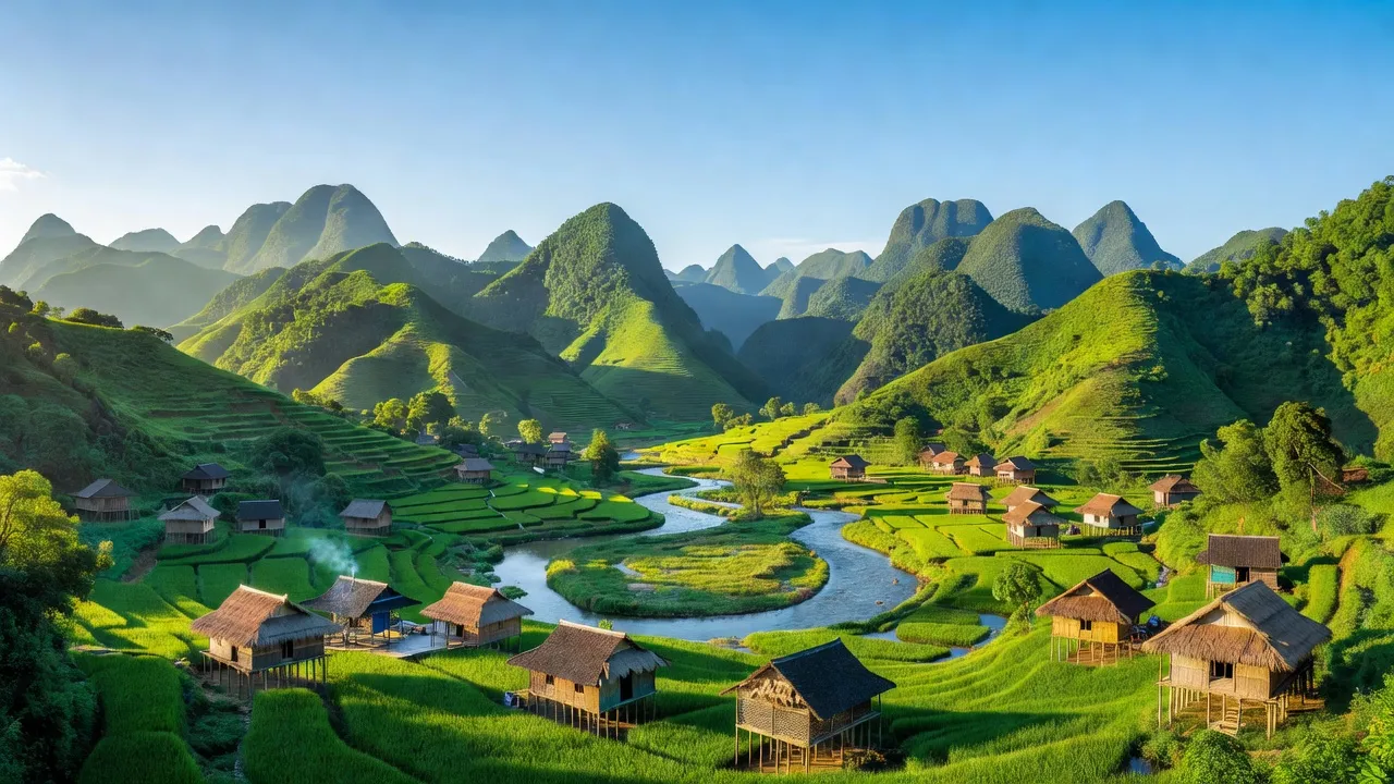 Khung cảnh huyện Bắc Quang, Hà Giang với núi xanh, sông nước và làng quê truyền thống.