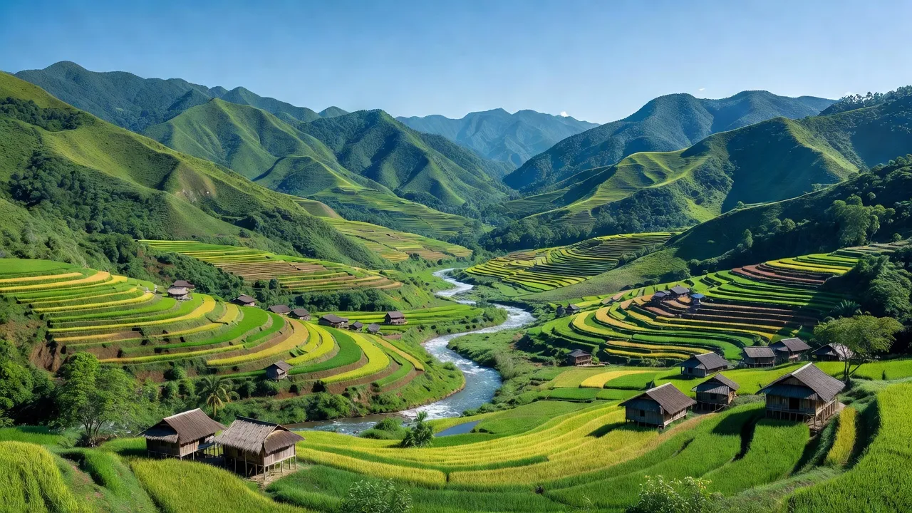 Toàn cảnh huyện Bắc Quang, Hà Giang với đồi xanh tươi, sông suối và kiến trúc địa phương.