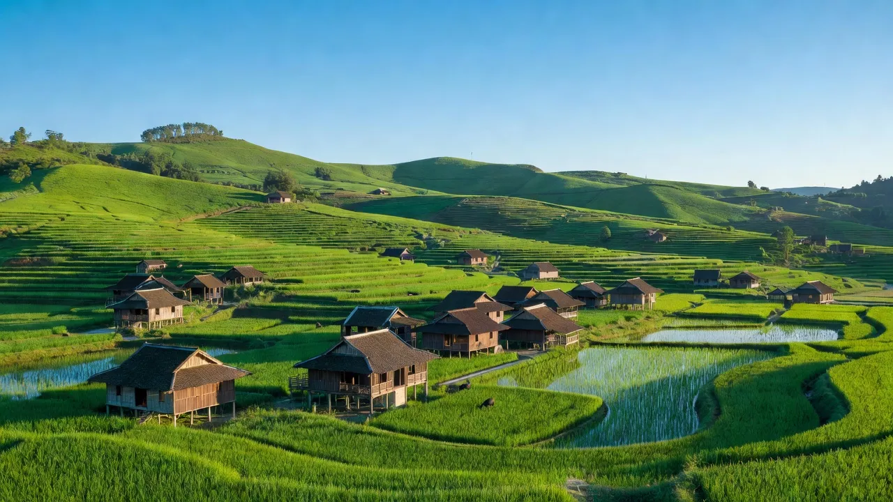 Cảnh quan Xã Đồng Tâm, Huyện Bắc Quang, Tỉnh Hà Giang với đồng xanh và nhà sàn truyền thống.