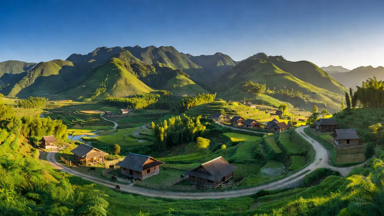 Khung cảnh xã Đồng Tâm, huyện Bắc Quang, tỉnh Hà Giang với đồi núi xanh tươi và đường làng truyền thống.