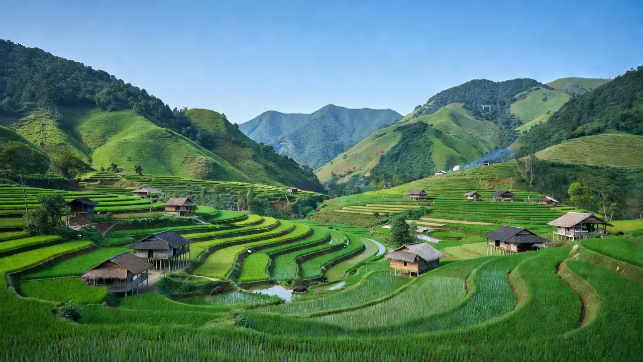 Cảnh đẹp xã Đồng Yên, huyện Bắc Quang, tỉnh Hà Giang với núi xanh và thung lũng nhỏ.