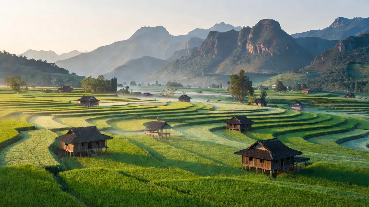 Xã Liên Hiệp, huyện Bắc Quang, tỉnh Hà Giang với cảnh sắc thiên nhiên hữu tình, cánh đồng và núi non.