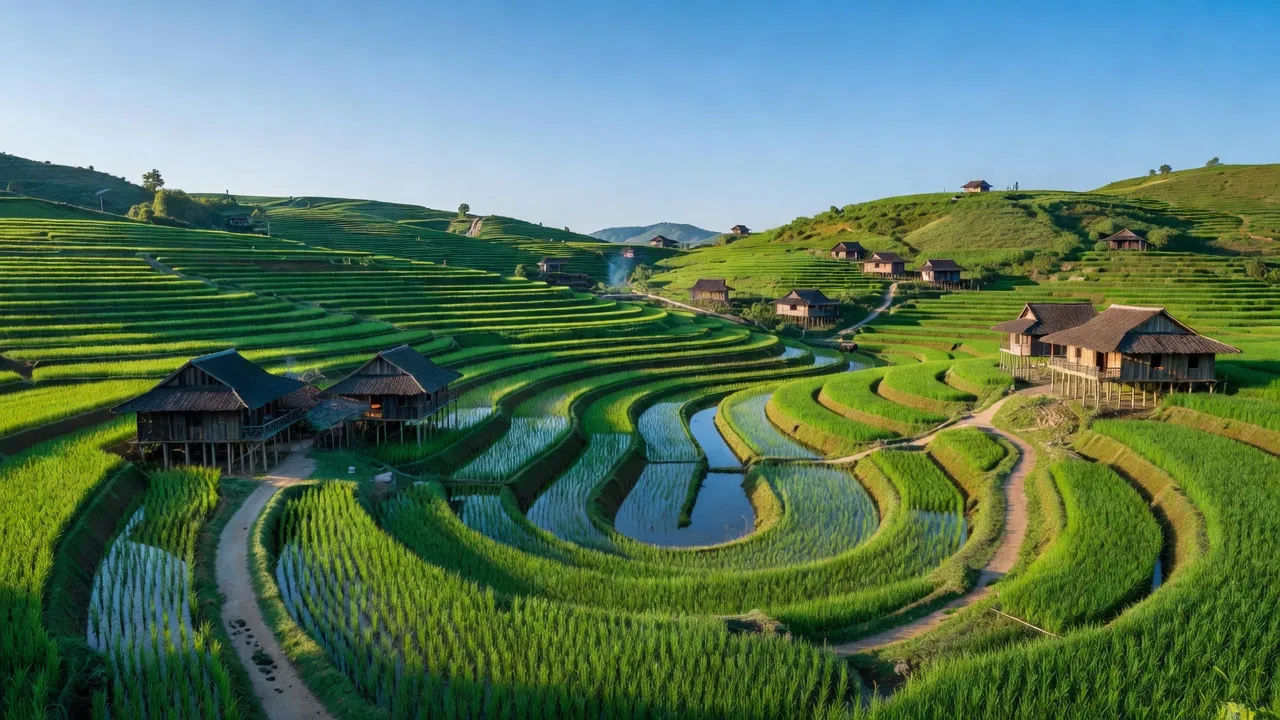 Khung cảnh yên bình của xã Tiên Kiều, huyện Bắc Quang, tỉnh Hà Giang với nông nghiệp và núi.