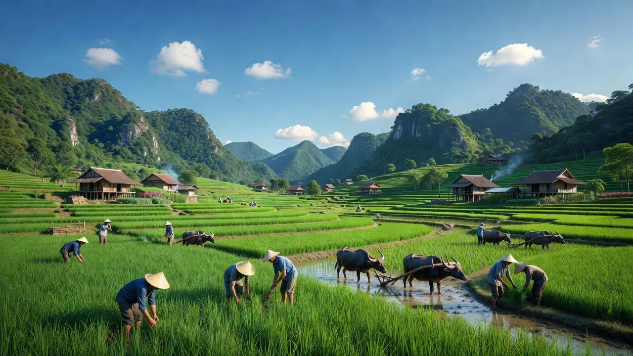 Cảnh đẹp xã Việt Hồng, huyện Bắc Quang, tỉnh Hà Giang với cánh đồng xanh và ngôi nhà truyền thống.