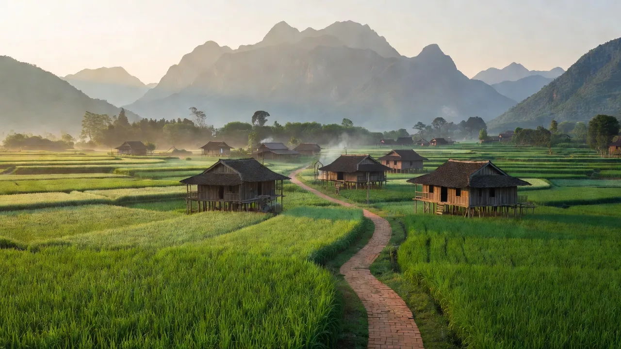 Cảnh quan xã Việt Hồng, huyện Bắc Quang, tỉnh Hà Giang với đồng xanh và núi non.