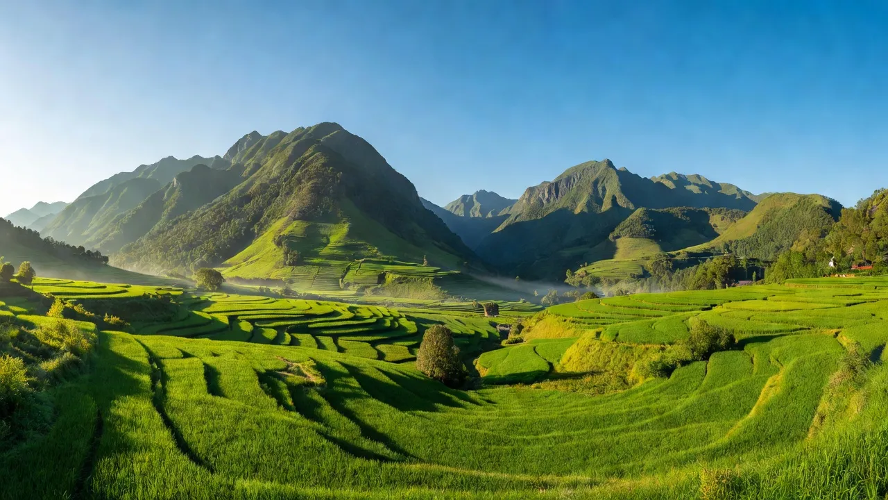 Mùa hè ở xã Việt Vinh, huyện Bắc Quang, Hà Giang với thung lũng xanh tươi và đồi núi hùng vĩ.