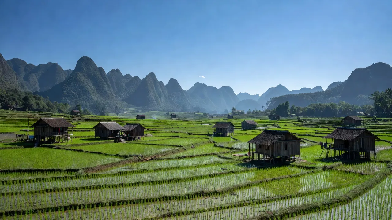 Toàn cảnh thị trấn Vĩnh Tuy, huyện Bắc Quang, tỉnh Hà Giang, với cánh đồng xanh và núi non hùng vĩ.
