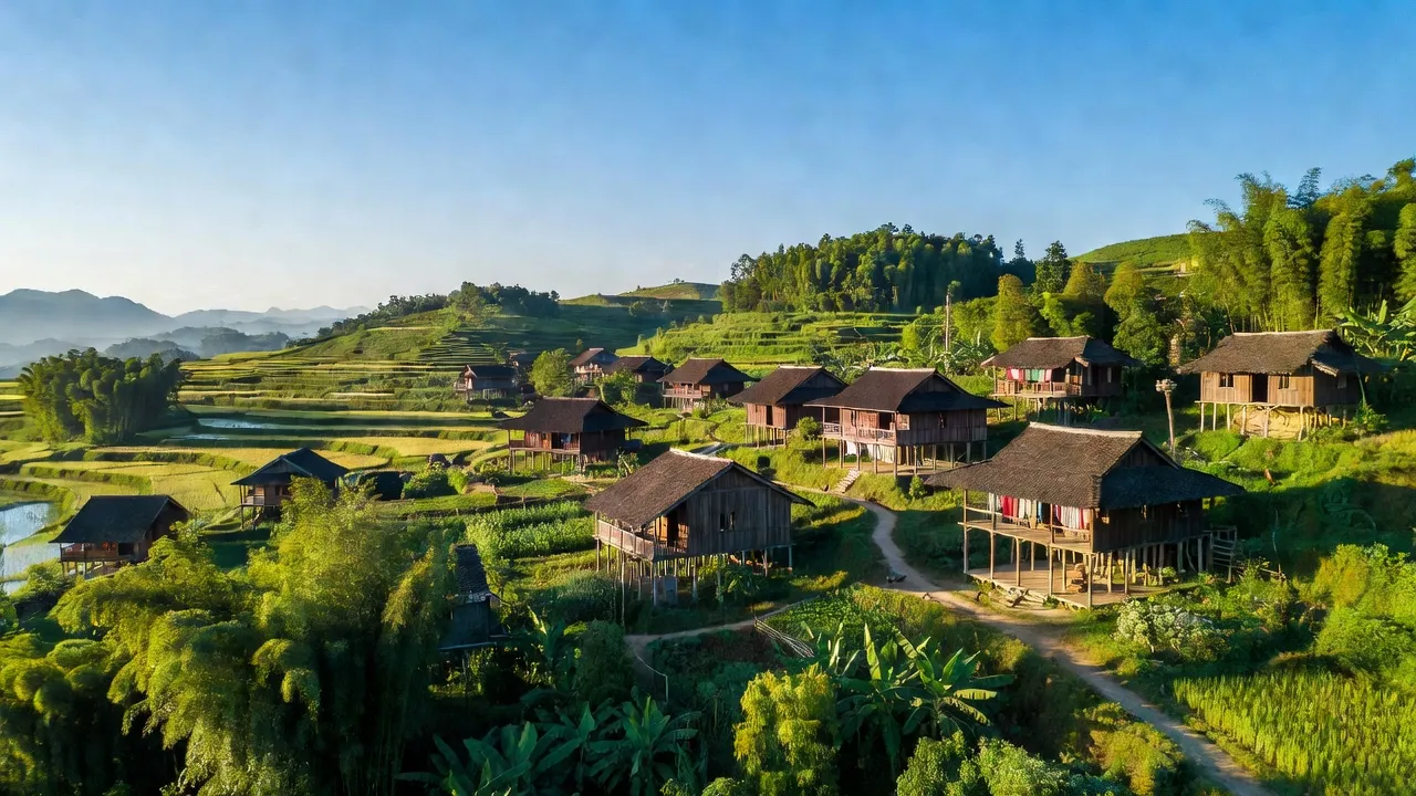 Xã Vô Điếm, huyện Bắc Quang, Hà Giang với phong cảnh đồi núi xanh tươi và nhà sàn truyền thống.