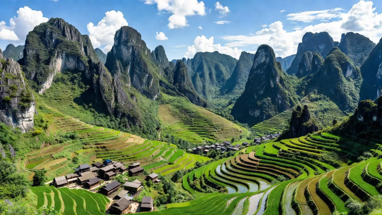 Cảnh quan Huyện Đồng Văn, tỉnh Hà Giang với núi đá vôi, cánh đồng bậc thang và làng bản truyền thống.