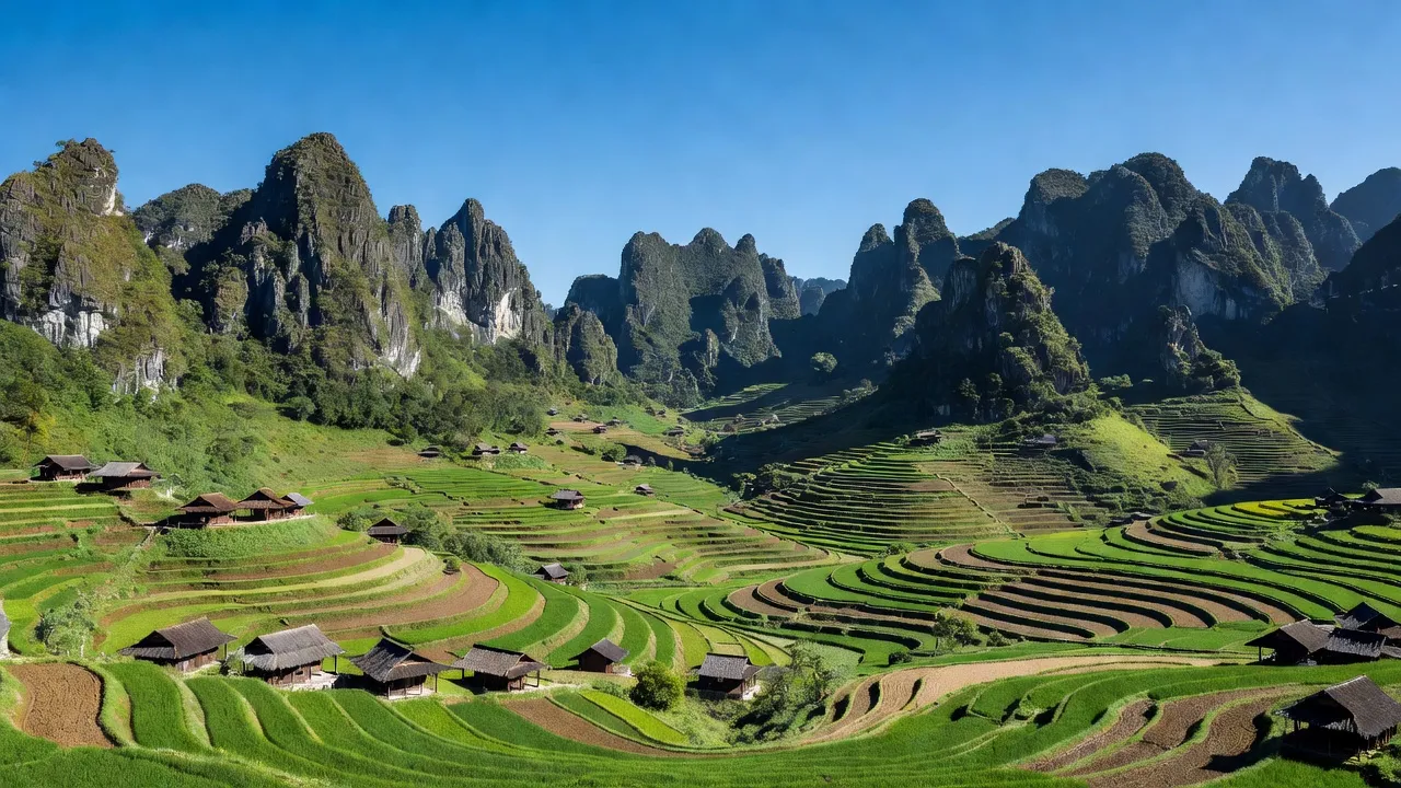 Huyện Đồng Văn ở Hà Giang với núi đá vôi, ruộng bậc thang và nhà truyền thống, vẻ đẹp tự nhiên.
