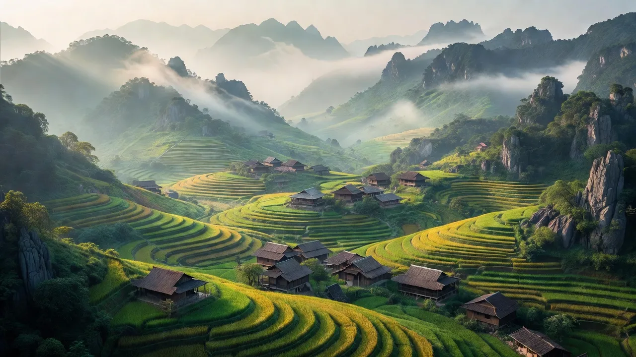 Khung cảnh thiên nhiên Xã Sủng Trái, Đồng Văn, Hà Giang với núi non và ruộng bậc thang.