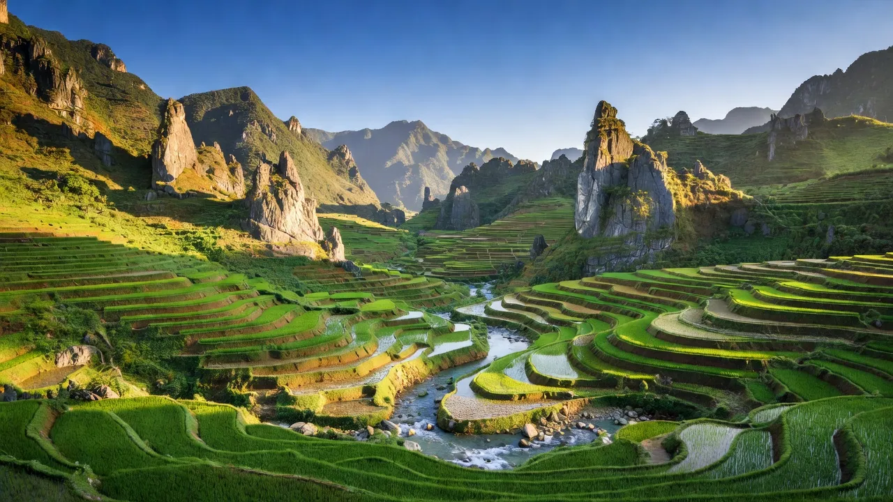 Cảnh quan huyện Hoàng Su Phì, Hà Giang với núi đá vôi và thung lũng xanh tươi.