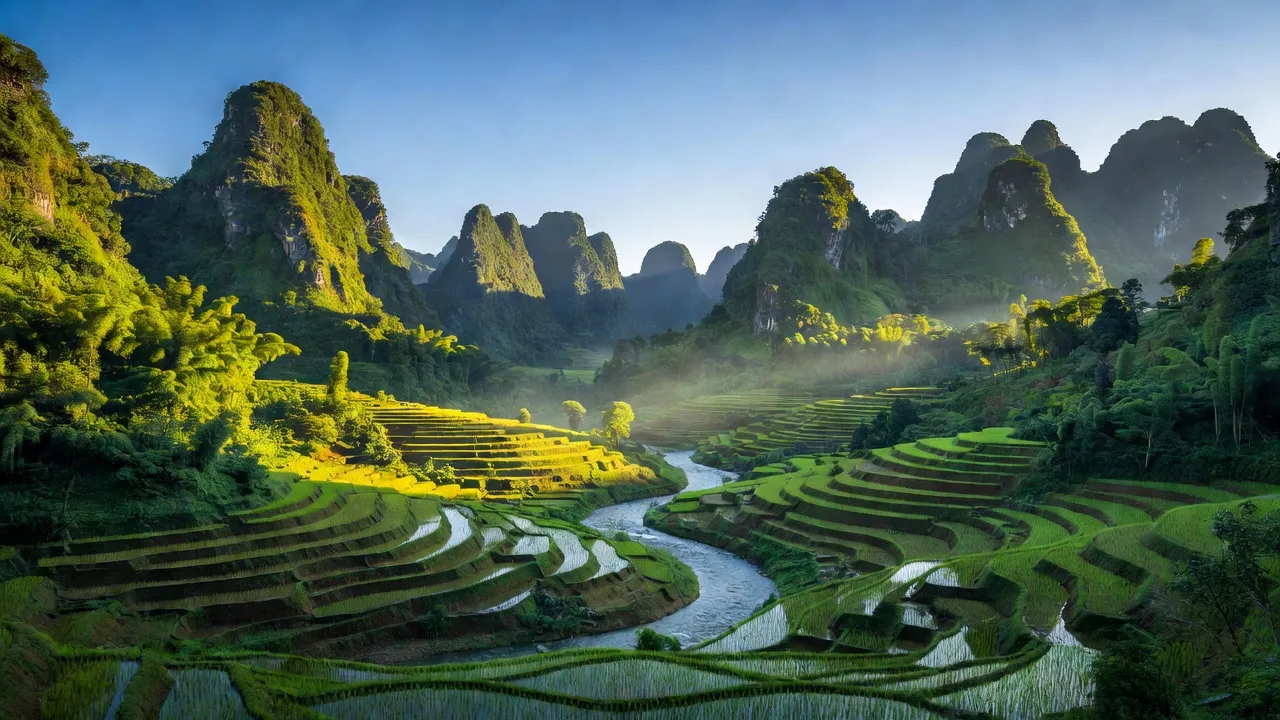 Cảnh sắc Hoàng Su Phì, Hà Giang với núi cao, thung lũng xanh tươi và sông suối uốn khúc.