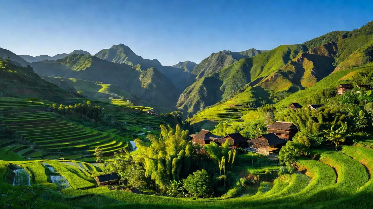 Cảnh ruộng bậc thang xanh tươi và núi cao tại xã Bản Phùng, huyện Hoàng Su Phì, tỉnh Hà Giang.