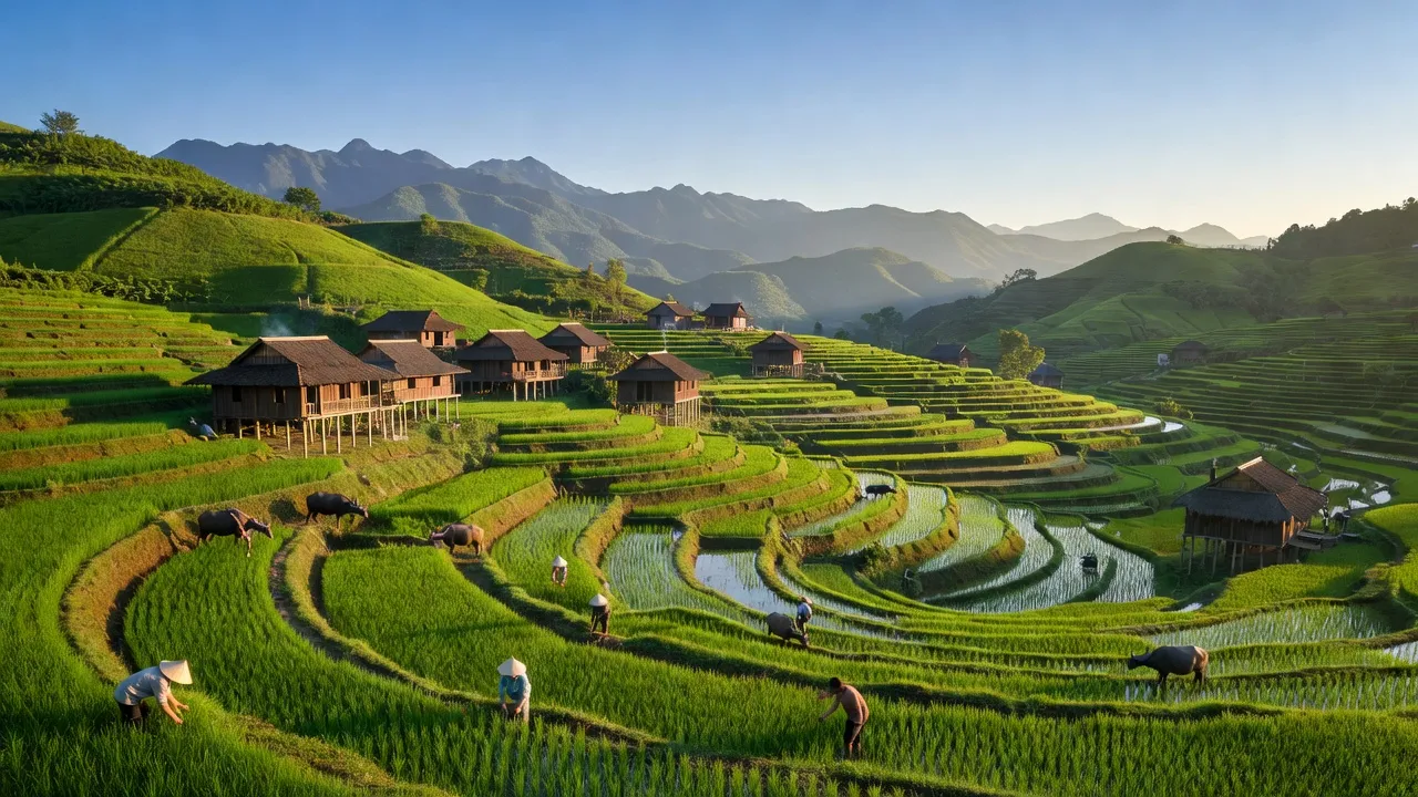 Cảnh đẹp xã Chiến Phố, huyện Hoàng Su Phì với đồi núi, ruộng bậc thang và bầu trời xanh.