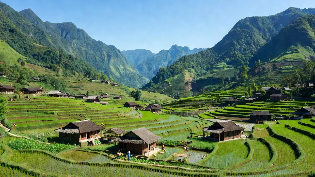Khung cảnh làng Túng Sán huyện Hoàng Su Phì với ruộng bậc thang và núi xanh.