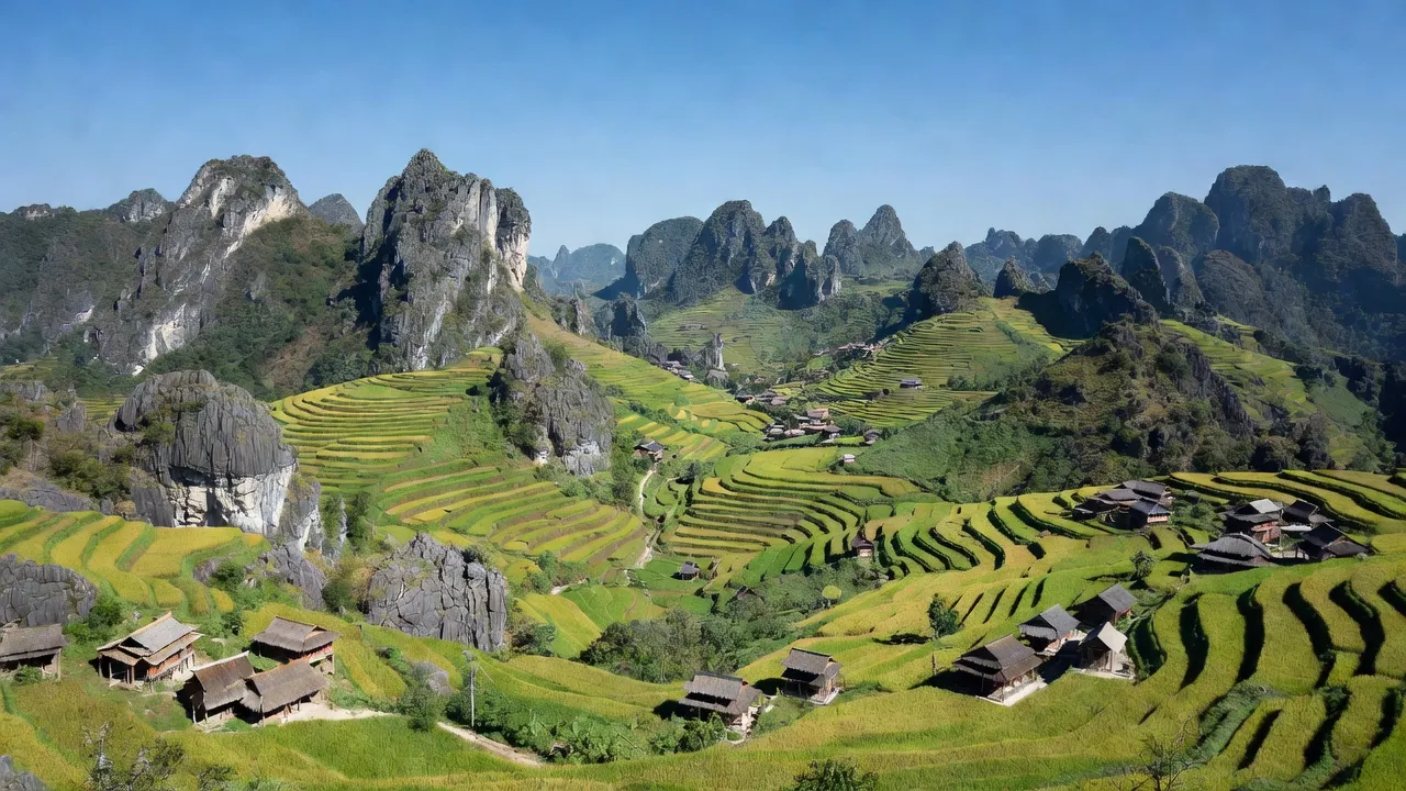 Cảnh quan huyện Mèo Vạc, tỉnh Hà Giang với núi đá vôi và ruộng bậc thang.