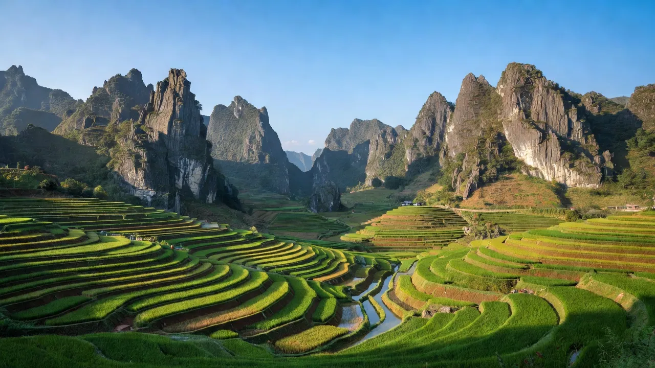 Toàn cảnh huyện Mèo Vạc, Hà Giang với núi đá vôi và ruộng bậc thang xanh mướt.